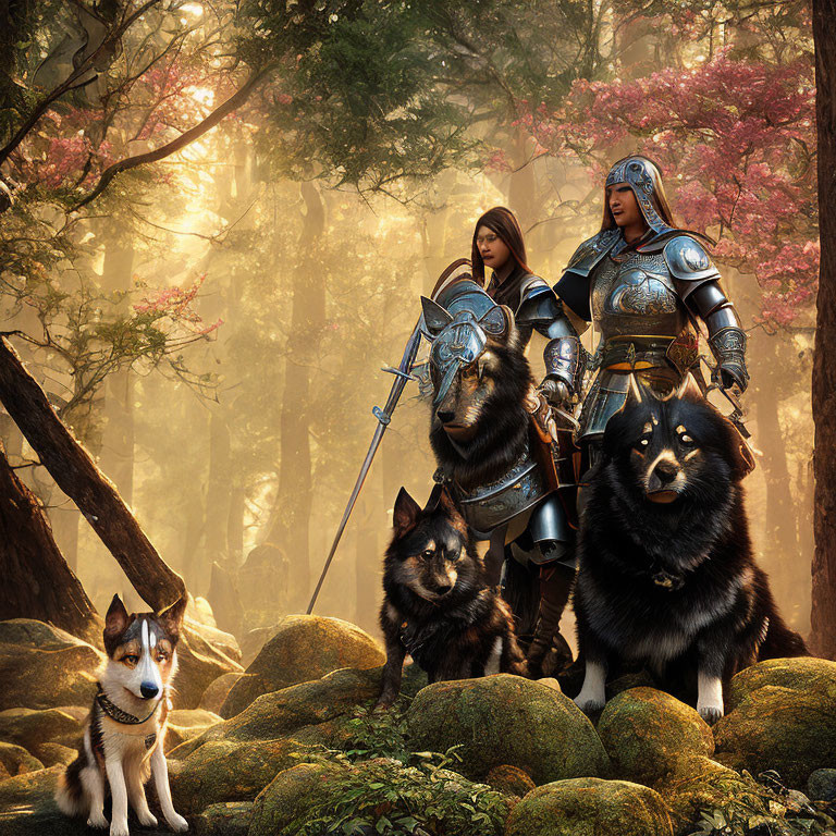 Medieval knights and dogs in mystical forest with sun rays and pink foliage