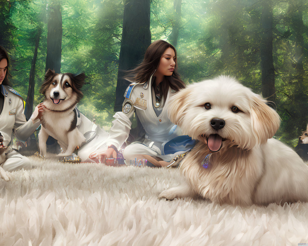 Two Women in Uniform with Dogs in Forest Clearing