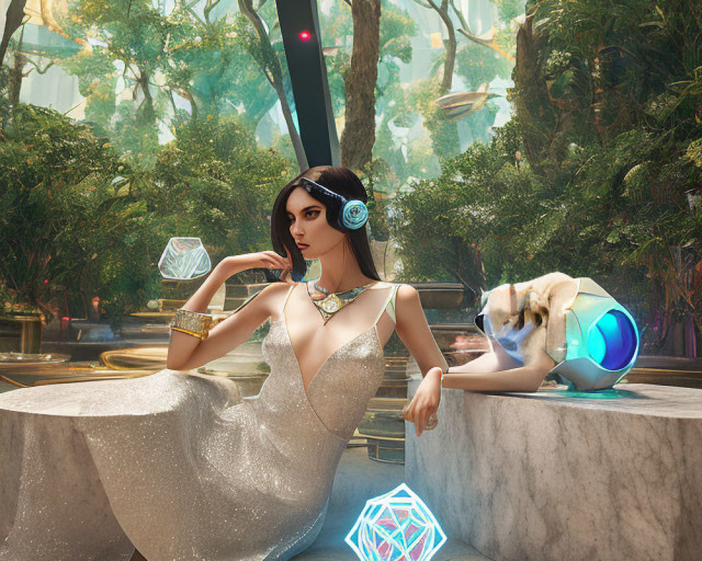 Woman in shimmering dress poses in futuristic jungle with geometric object and robot dog.