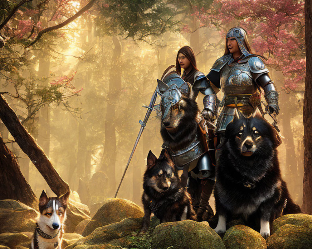 Medieval knights and dogs in mystical forest with sun rays and pink foliage