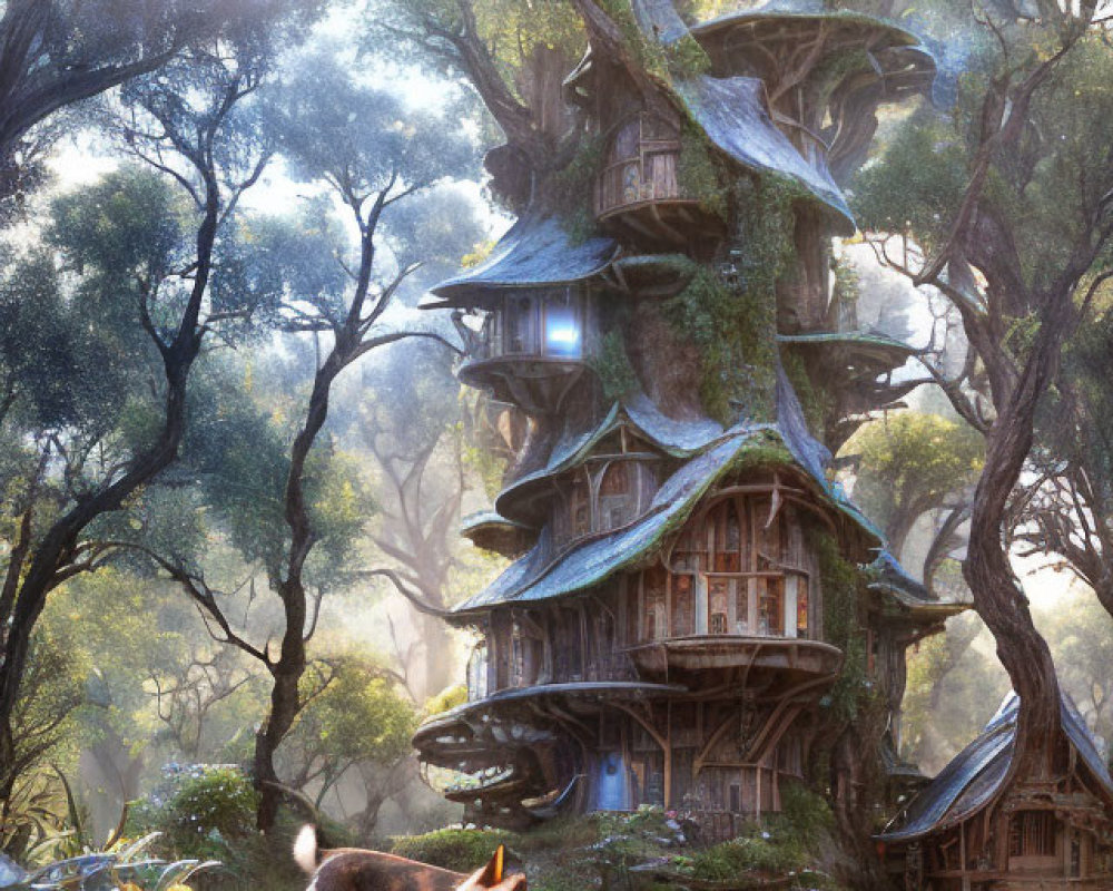 Enchanting forest scene with treehouse, dog, and stream