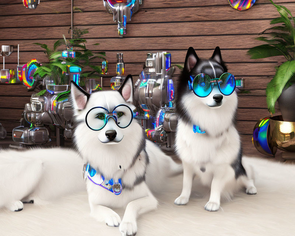 Stylish animated dogs with sunglasses in metallic bubble scene.