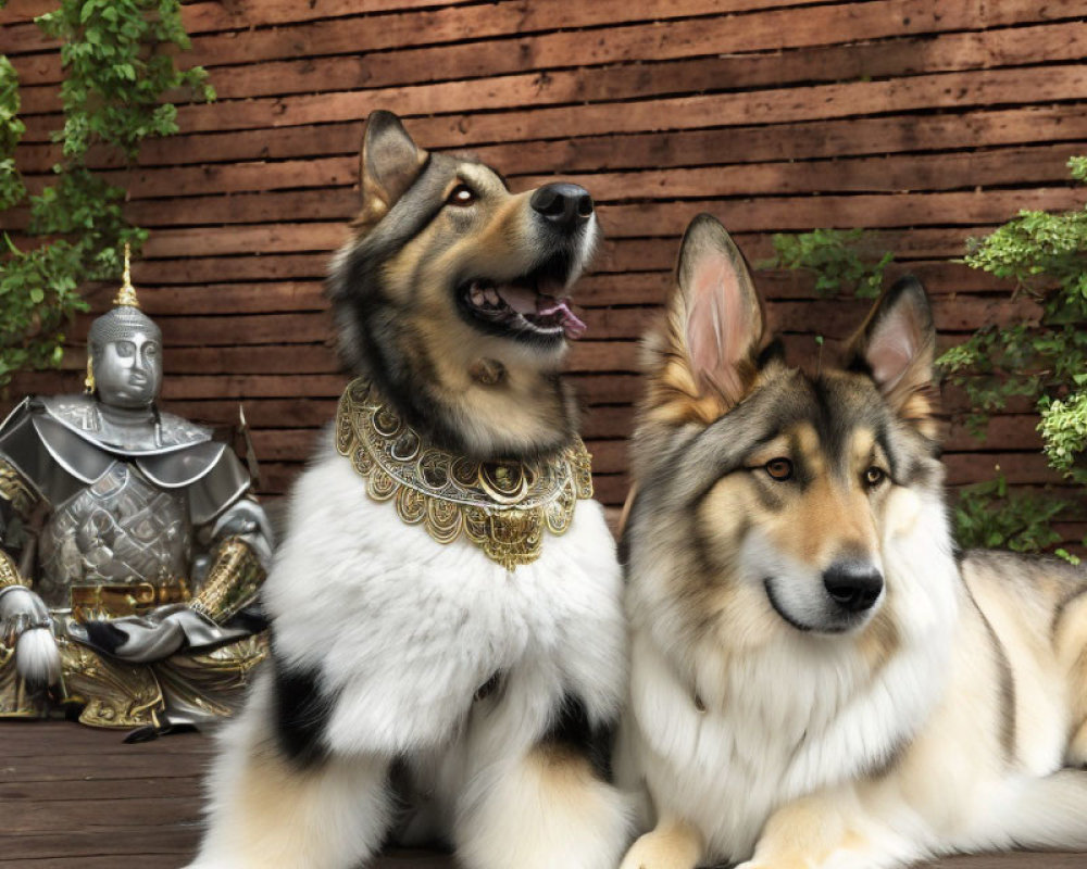 Two dogs with ornate collars near samurai and Buddha statues against wooden wall.