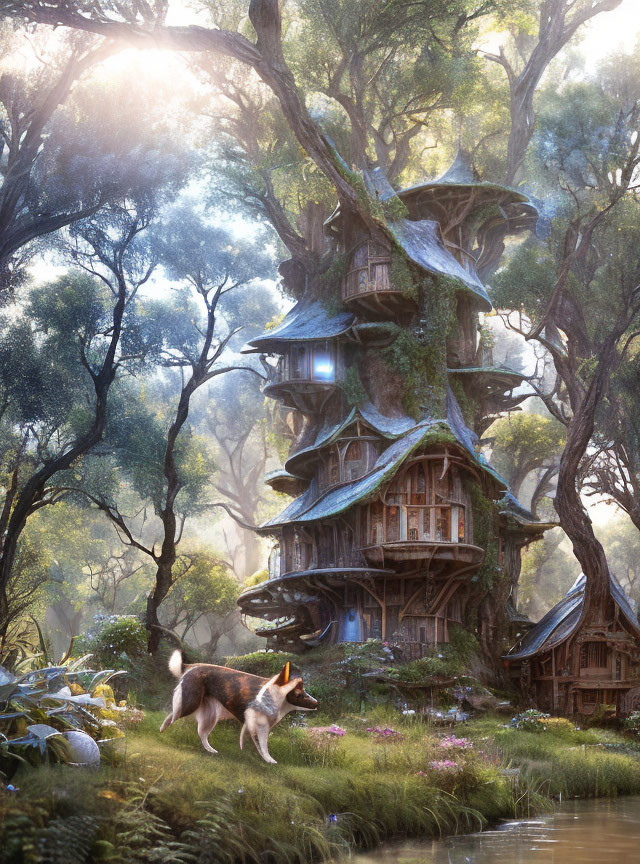 Enchanting forest scene with treehouse, dog, and stream