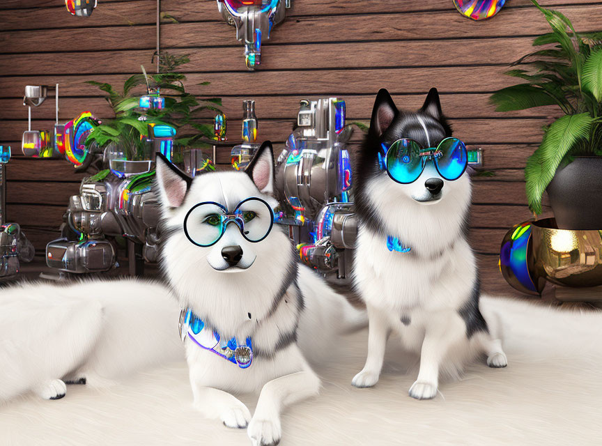 Stylish animated dogs with sunglasses in metallic bubble scene.