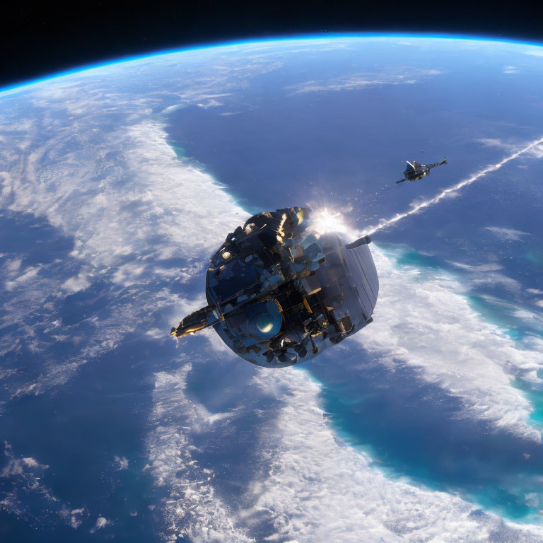 Spacecraft Orbit Earth Showing Planet's Curvature and Cloud Patterns