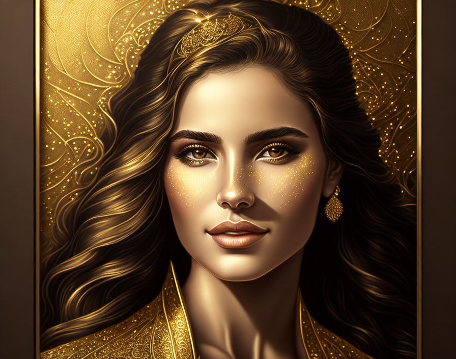 Digital artwork: Woman with golden jewelry, shimmering freckles, wavy hair, and intricate