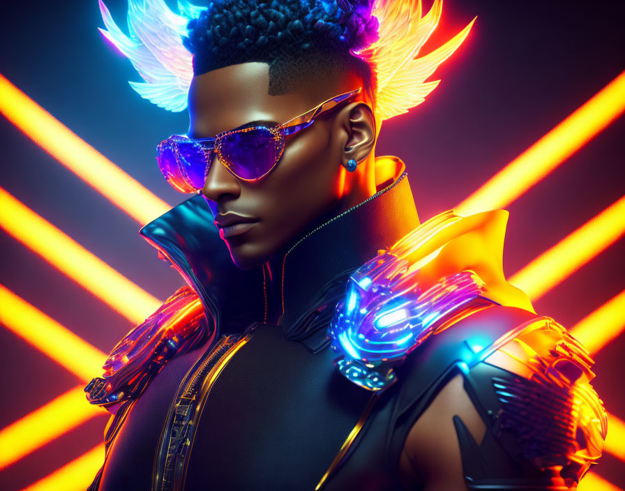 Futuristic male figure with neon-lit mohawk and high-tech armor under vibrant lights