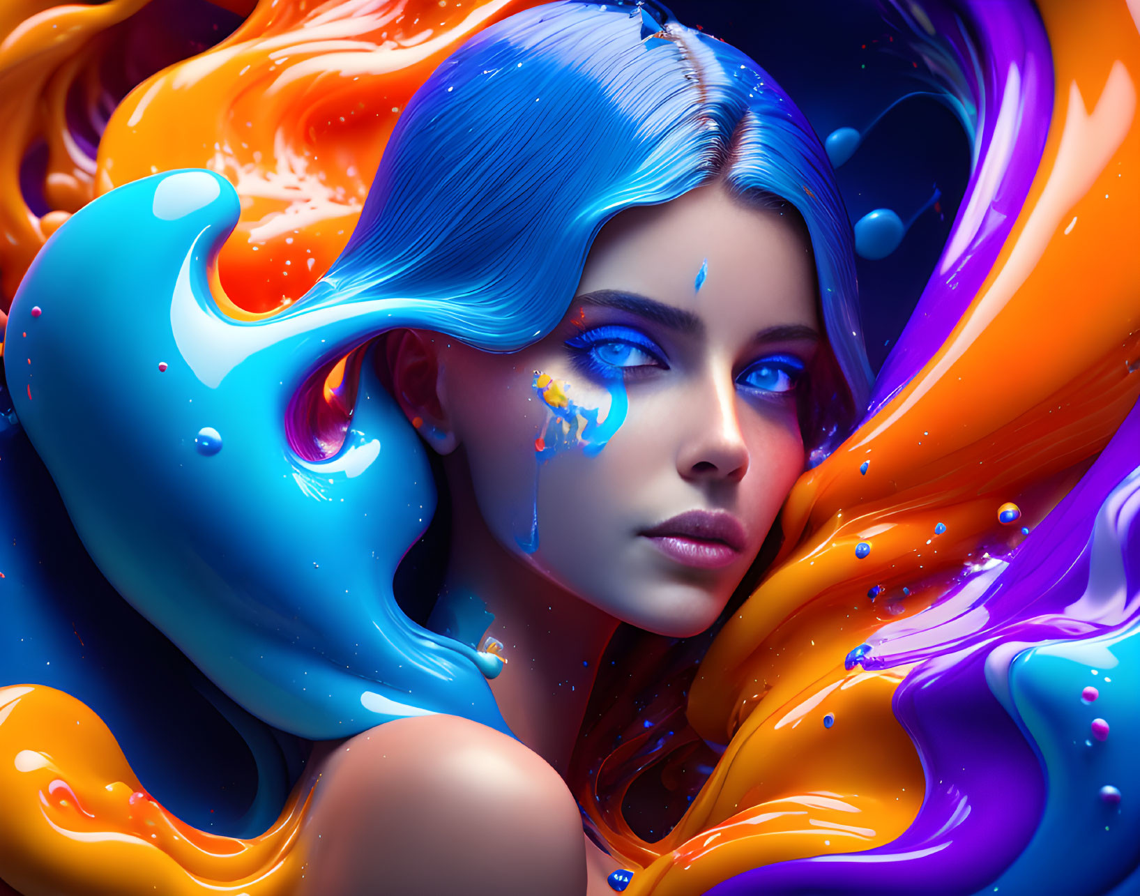 Colorful digital artwork: Woman with blue skin in swirling paint ribbons