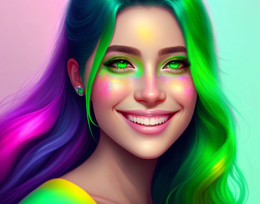 Colorful digital art: Smiling woman with rainbow hair and green eyes