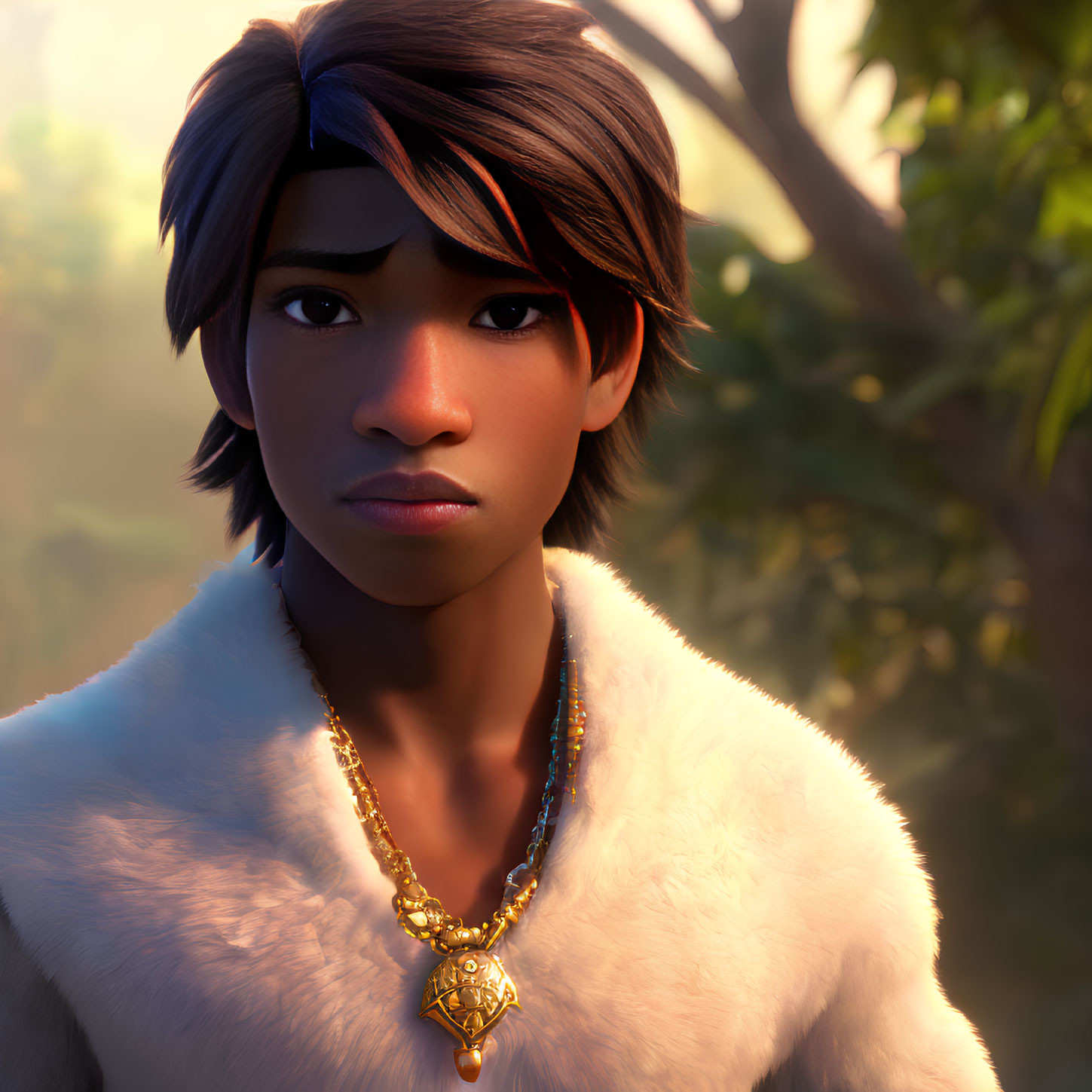 3D animated young male character with dark hair and white fur cloak in natural setting