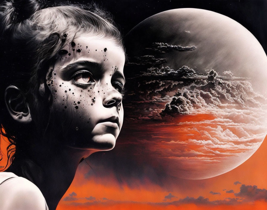 Surreal artwork: girl transforming into birds under moonlit sky