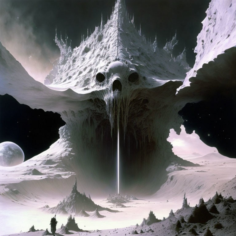 Sci-fi landscape with skull-shaped mountain emitting light amid rugged terrain.