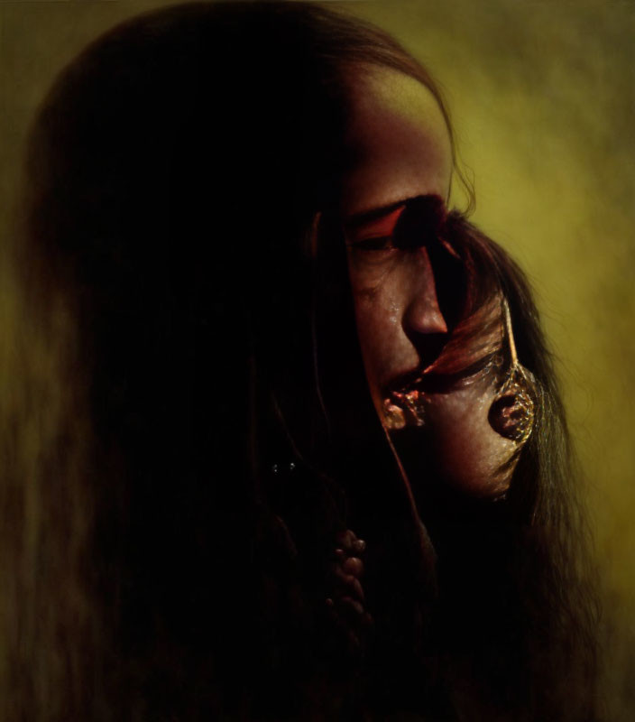 Disturbing portrait of a person with long hair and distorted mouth on dark background