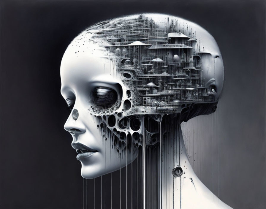 Humanoid face with intricate mechanical cityscape details on dark background