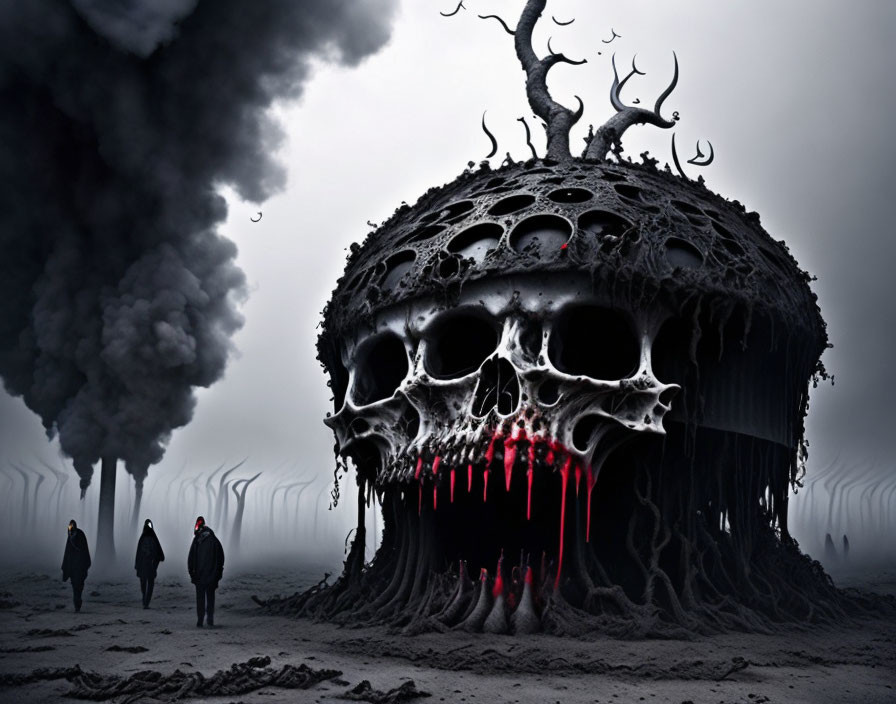 Dystopian landscape with skull-shaped structure and cloaked figures