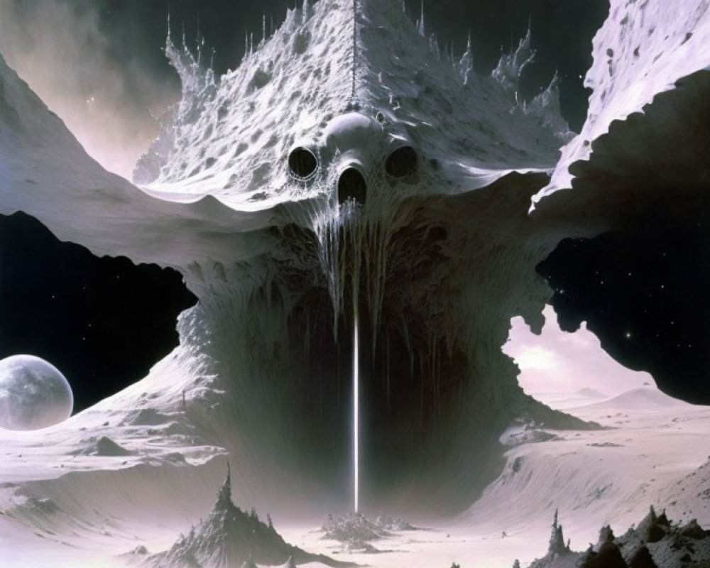 Sci-fi landscape with skull-shaped mountain emitting light amid rugged terrain.