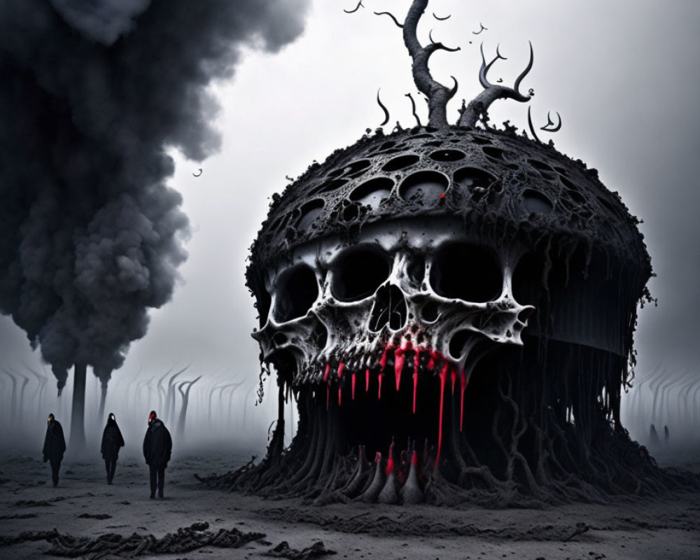 Dystopian landscape with skull-shaped structure and cloaked figures