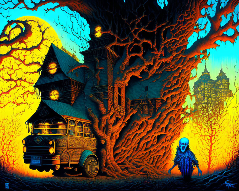 Stylized illustration of haunting tree, eerie house, bus, and ghostly figure