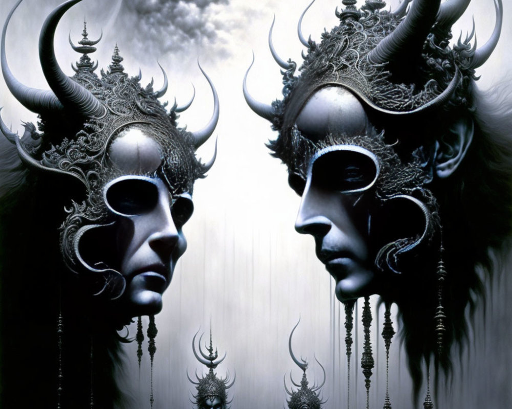 Ornate horned masks on figures in misty setting