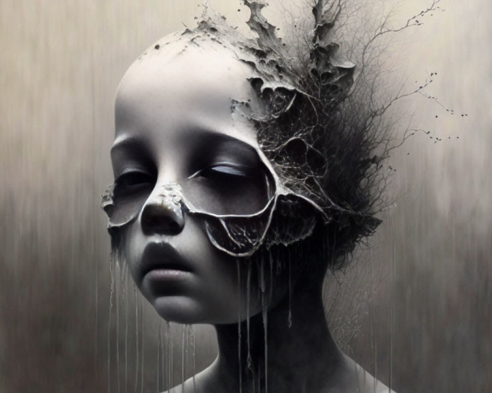 Monochromatic surreal portrait featuring fragmented face and tree-like structures