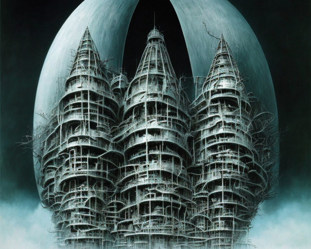 Surreal painting: futuristic city in cracked eggshell landscape