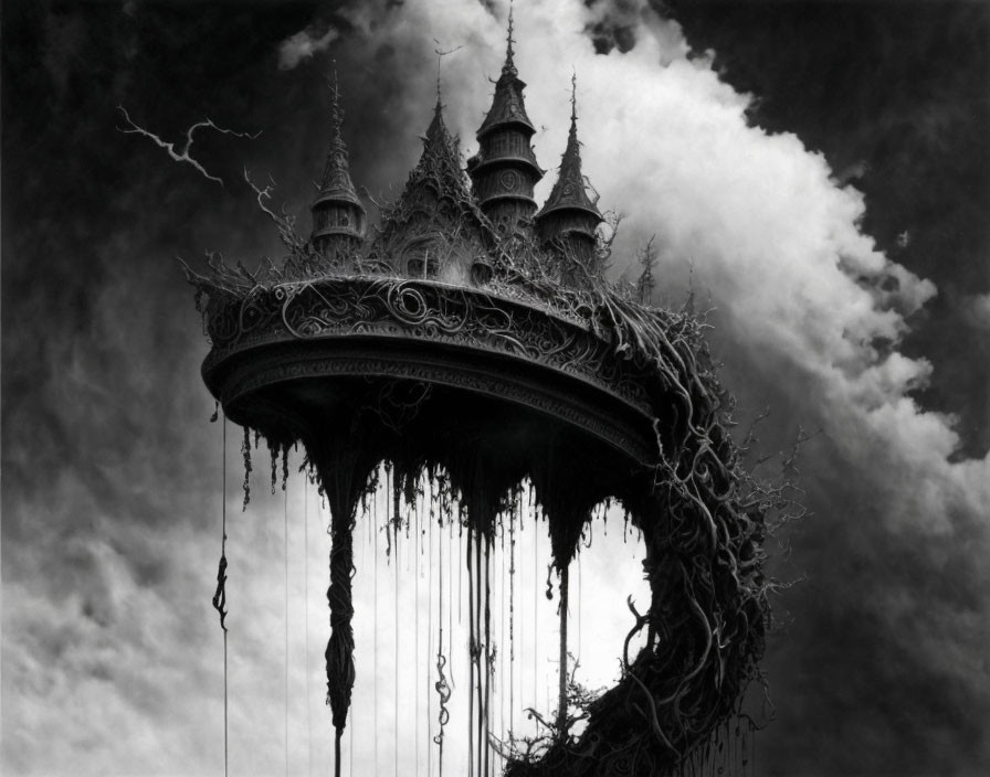 Gothic-style floating crown with turrets entwined with vines under stormy sky.