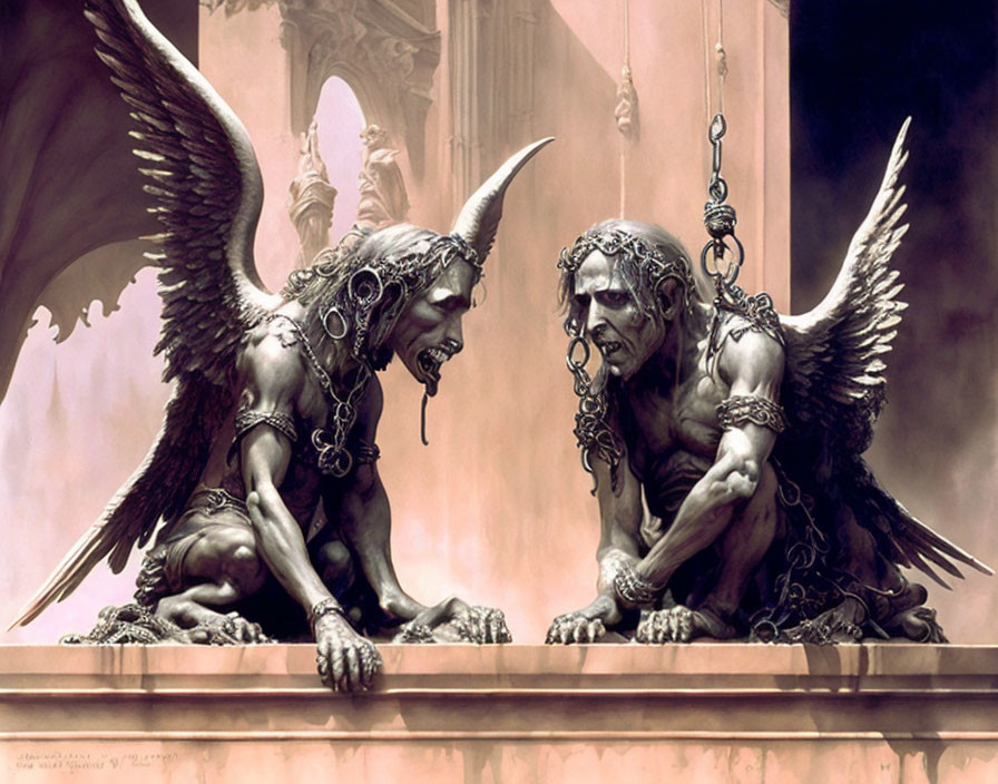 Winged demonic figures on gothic architecture in intense conversation