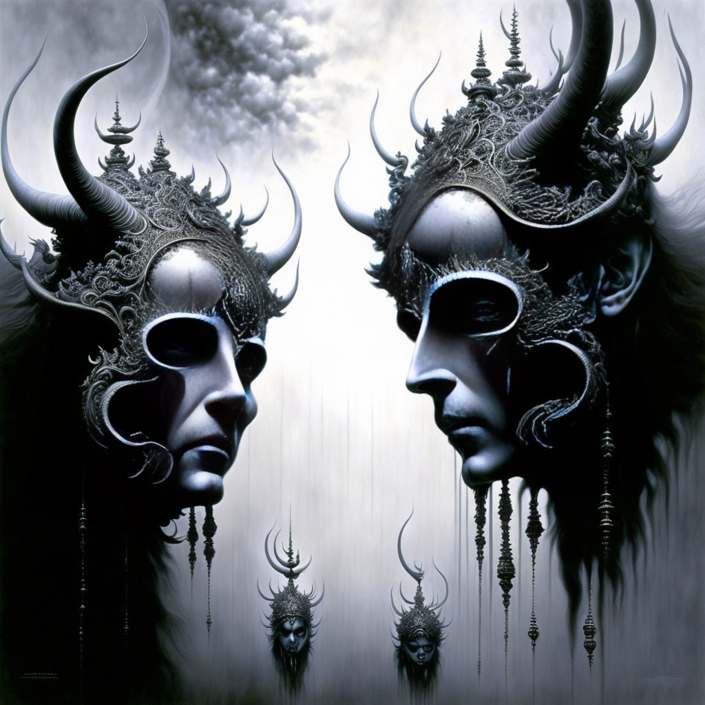 Ornate horned masks on figures in misty setting