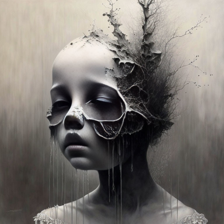 Monochromatic surreal portrait featuring fragmented face and tree-like structures