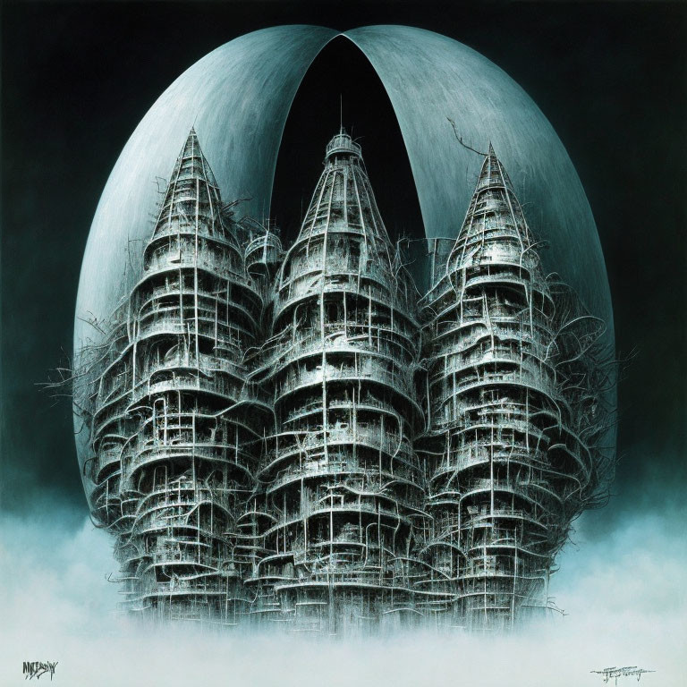 Surreal painting: futuristic city in cracked eggshell landscape