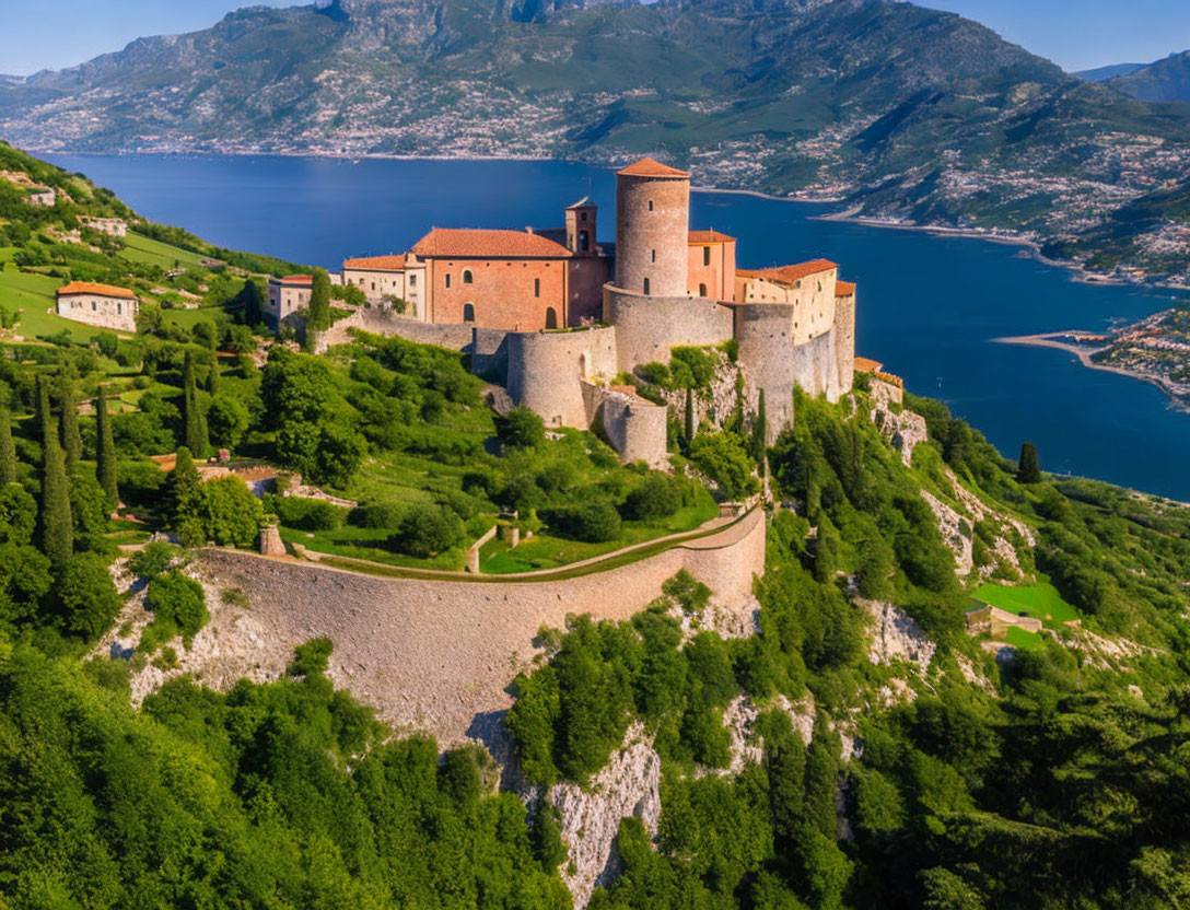 Medieval fortress with towers on hilltop overlooking coastline