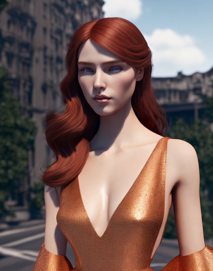 Digital artwork: Woman with long red hair, blue eyes, in gold dress, urban backdrop