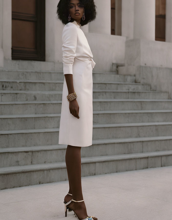 Fashion model in white dress with cinched waist and afro hairstyle poses on steps