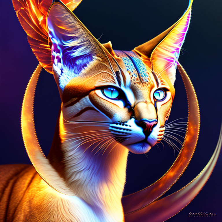 Vibrant orange and blue mythical feline creature with luminous rings and butterfly wings