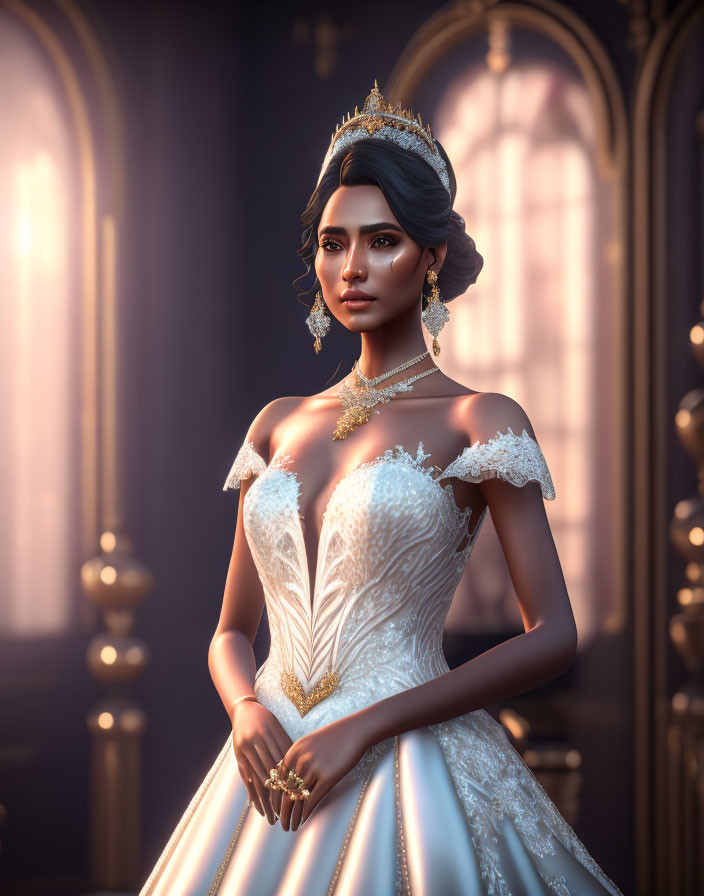 Regal woman in white gown with gold accents and tiara in grand sunlit room