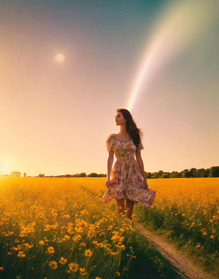 Woman in Floral Dress Standing in Yellow Field with Sun and Lens Flare