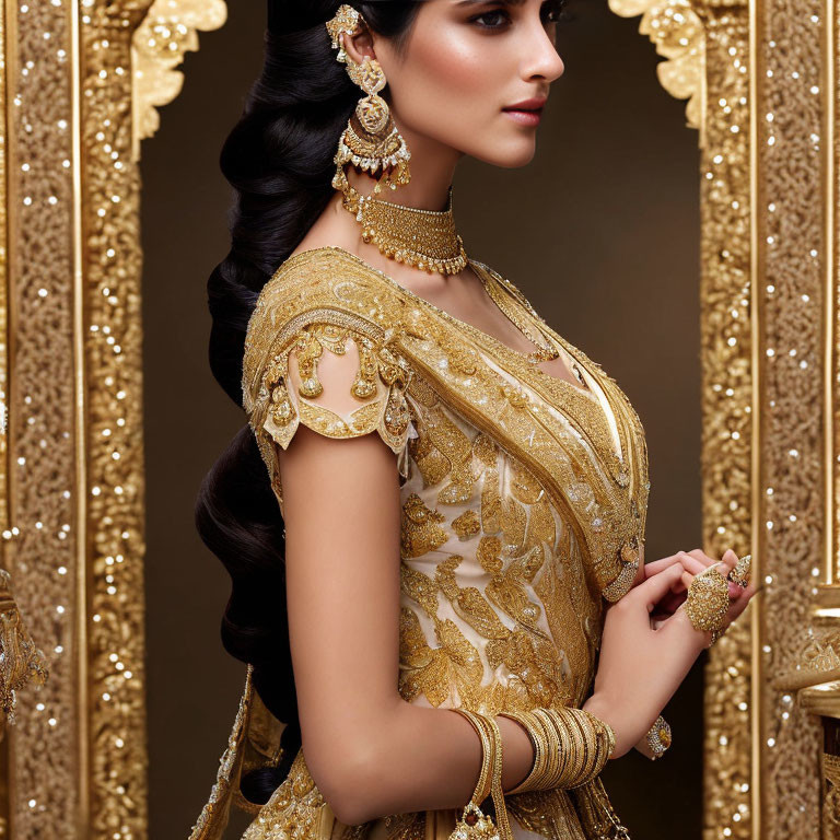 Traditional Attire and Jewelry with Gold Embroidery on Woman in Golden Setting