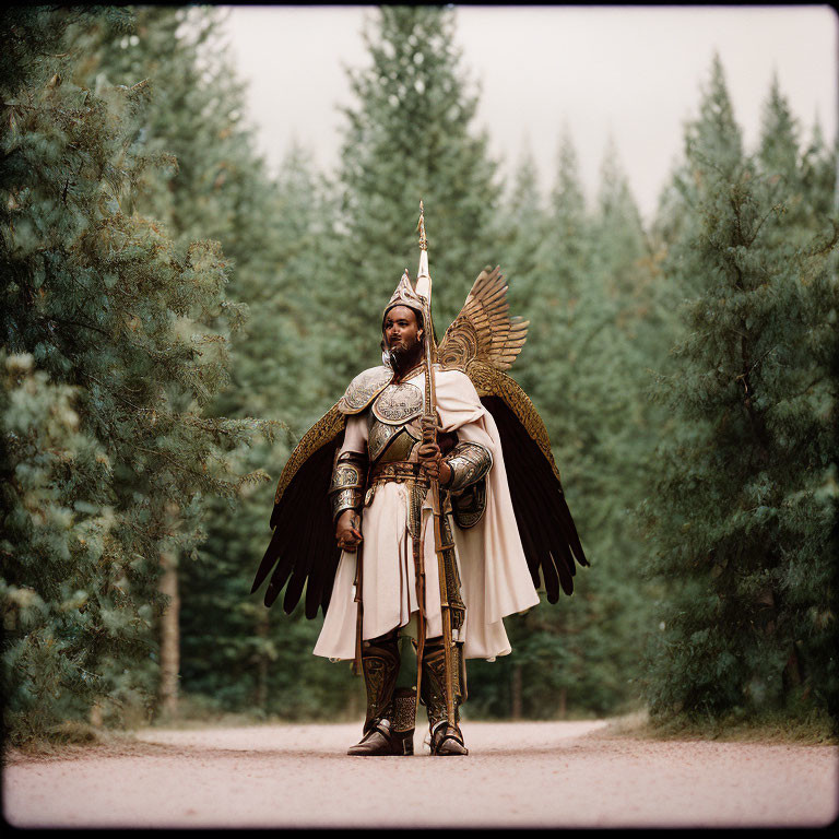 Elaborately armored figure with winged helmet and spear in forest path