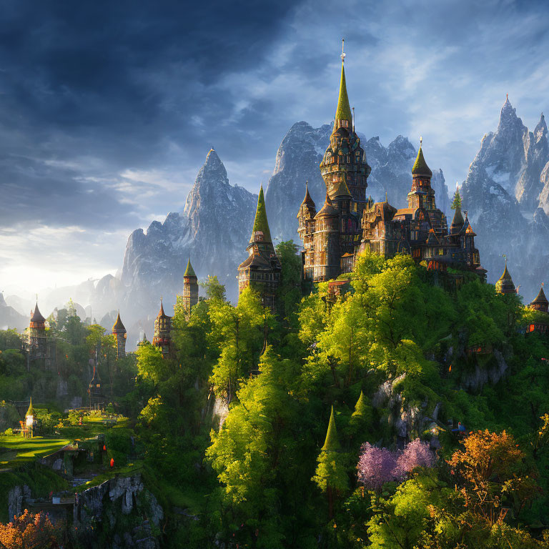 Majestic fantasy castle in lush green landscape with mountains and sun glow