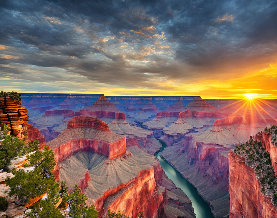 Vivid Grand Canyon sunset with winding Colorado River