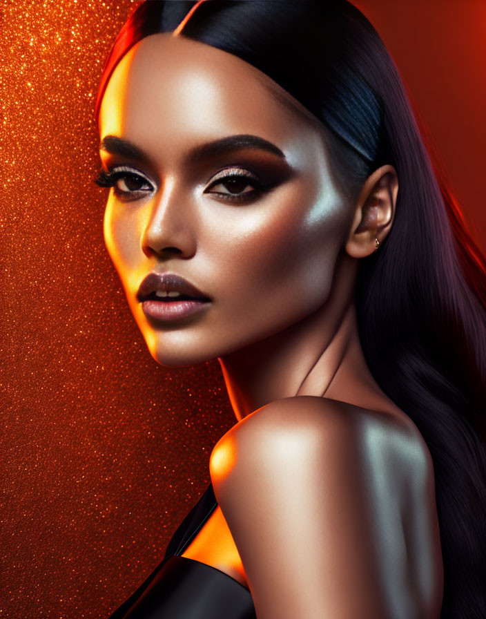 Sleek Hair and Dramatic Makeup on Woman with Orange Sparkle Background