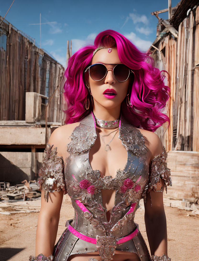 Vibrant Pink-Haired Woman in Metallic Costume Outdoors
