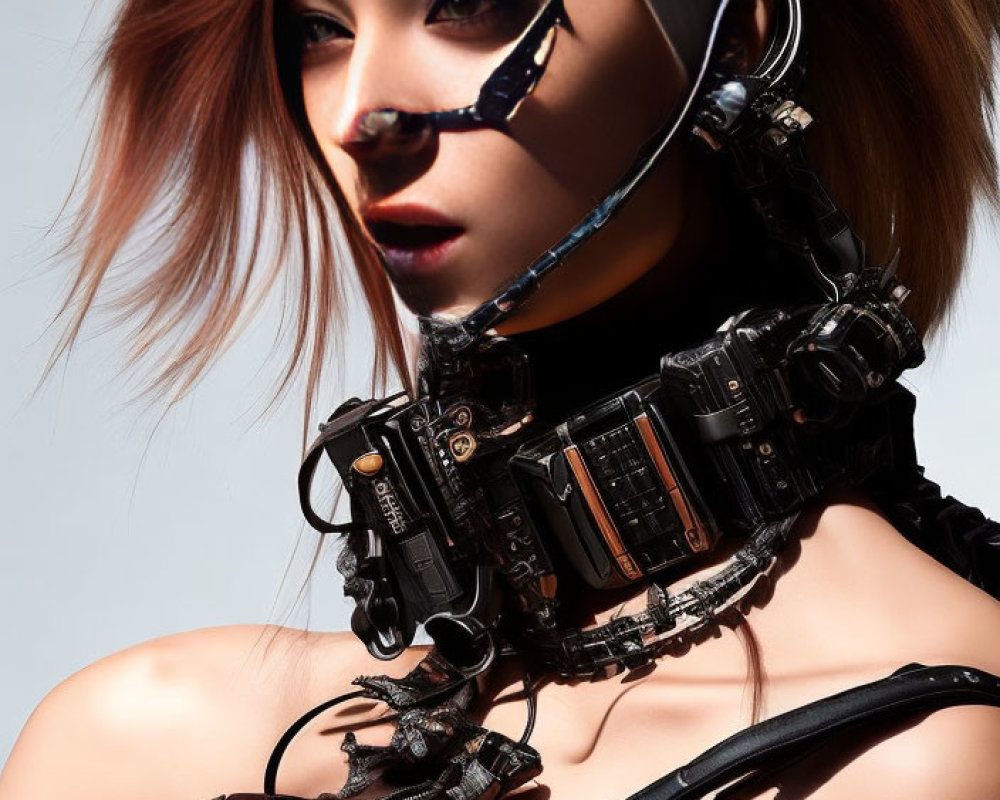 Futuristic woman with cybernetic eye patch and neck gear in confident gaze