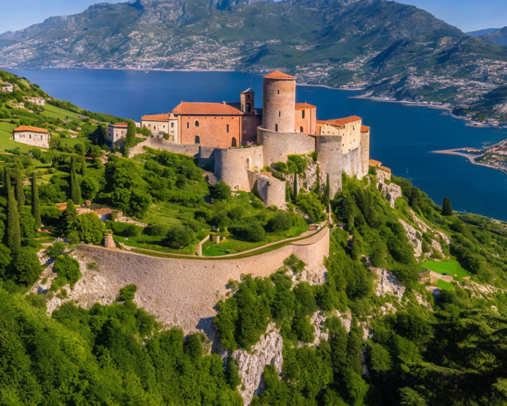 Medieval fortress with towers on hilltop overlooking coastline