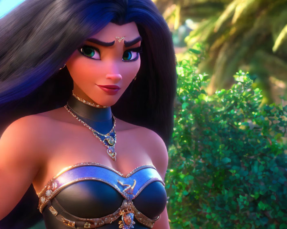 Long-haired animated female character in tiara and detailed top confidently poses in lush setting