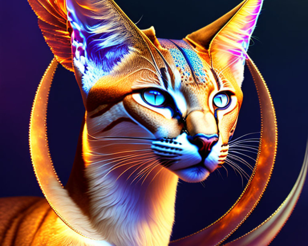Vibrant orange and blue mythical feline creature with luminous rings and butterfly wings