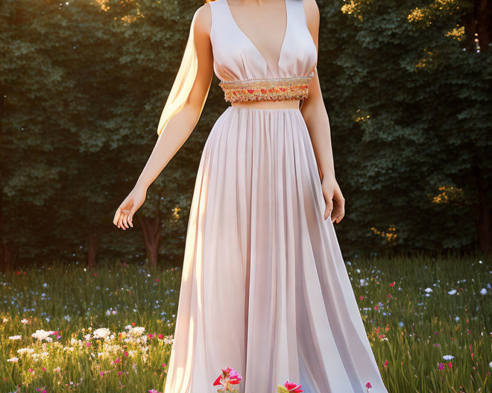 Elegant woman in pale dress with gold details in sunlit field