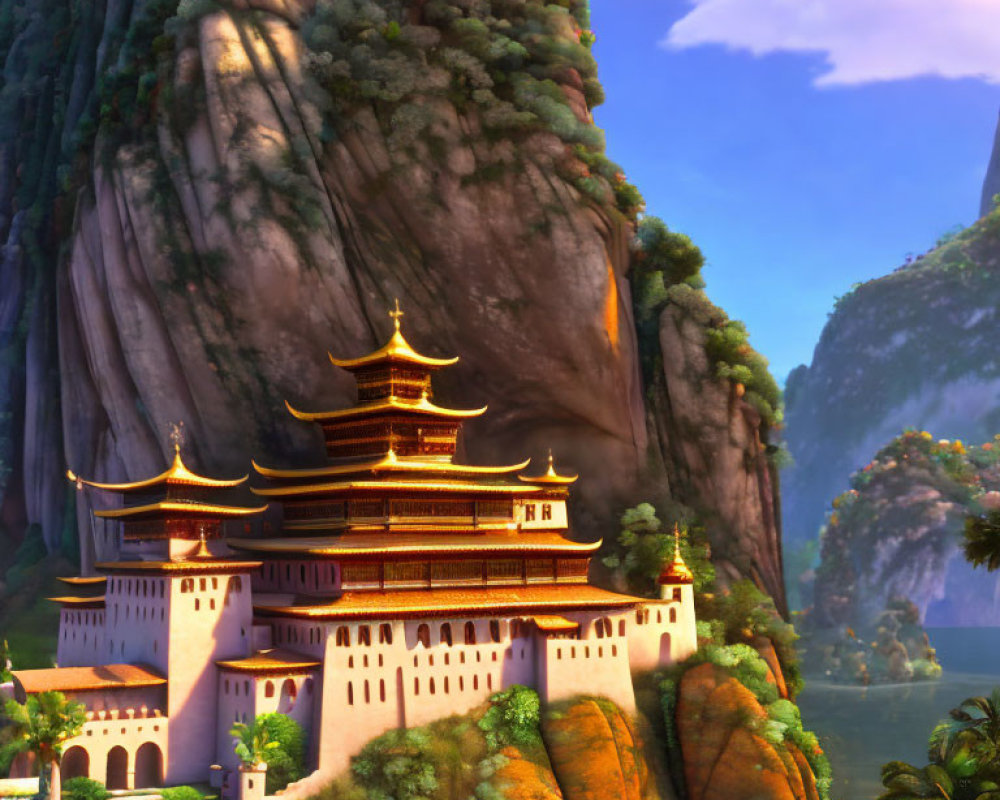 Illustration of ornate Asian temple on cliff with lush surroundings