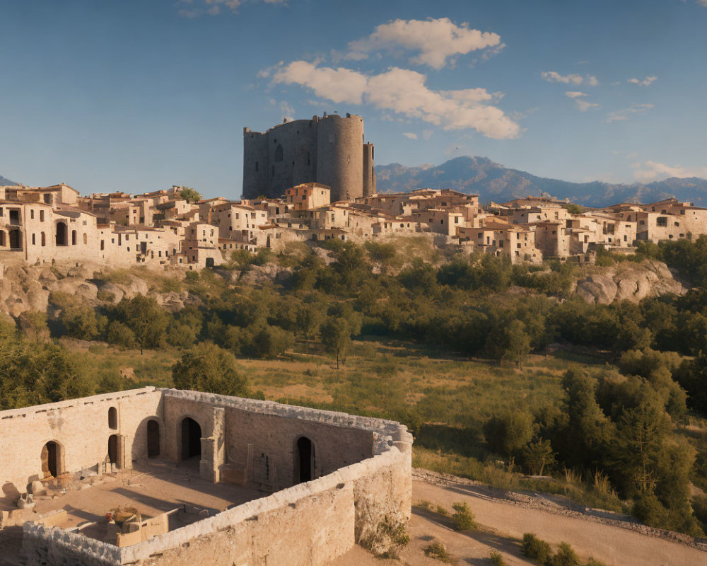 Medieval hilltop village with stone fortress and valley view